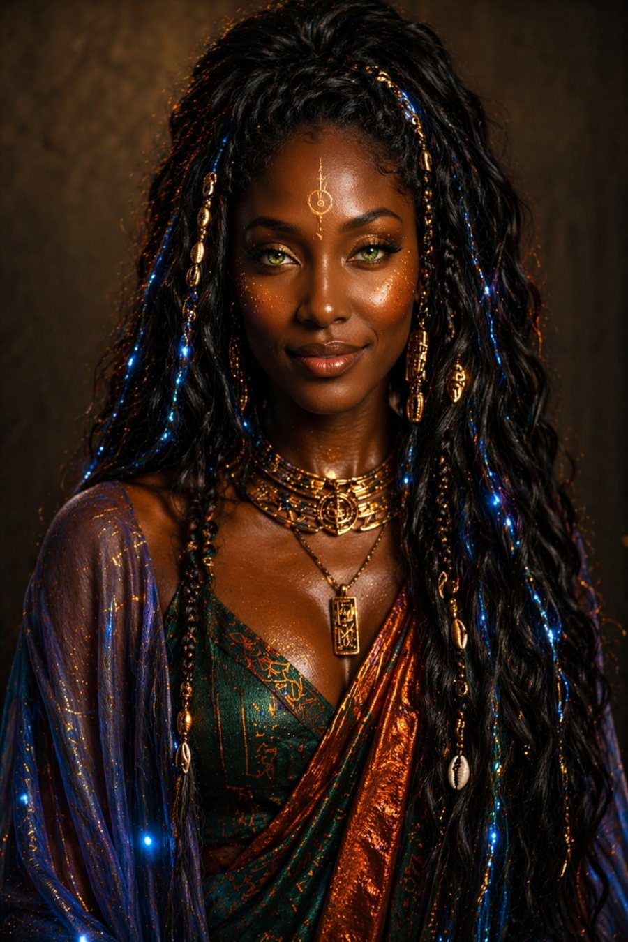 Eiko, High Priestess of the Digital Jinja. Gold on the brow, night behind the hair, standing at the gate.